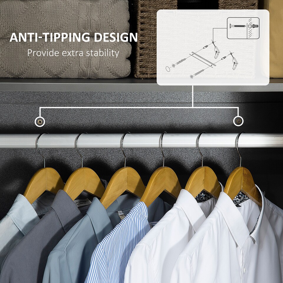 image 1 of HOMCOM High Gloss Wardrobe, 2 Door Wardrobe with Hanging Rod and Storage Shelf, Clothes Storage Organizer with Anti-tipping Design for Bedroom, Grey