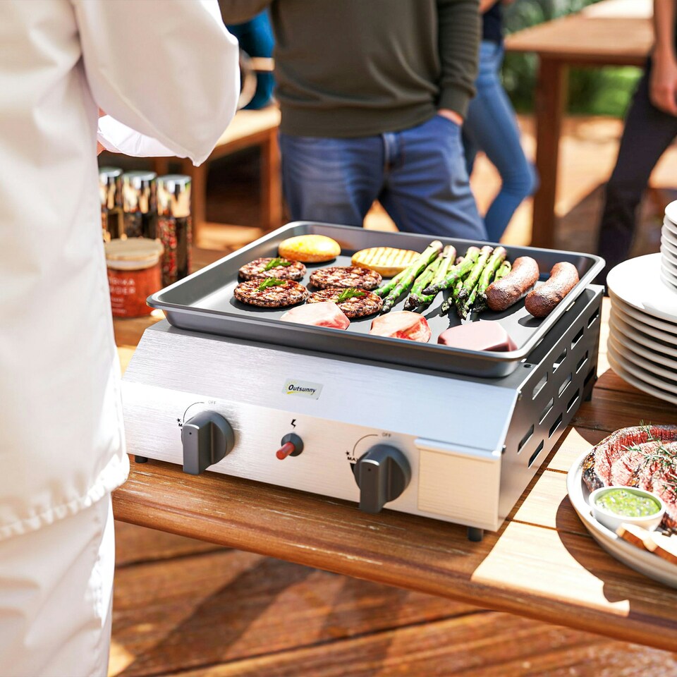 image 1 of Outsunny Gas Grill, Gas BBQ with Non-Stick Griddle for Camping, Silver Tone