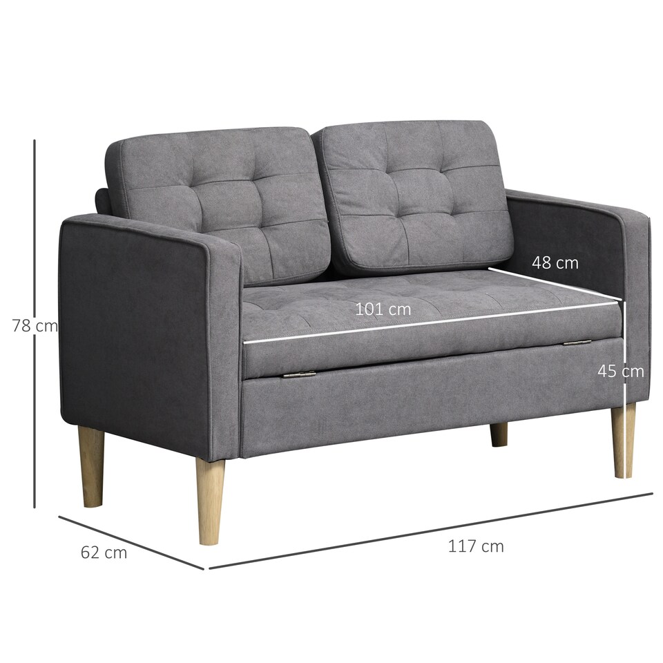 image 1 of HOMCOM Modern 2 Seater Sofa with Hidden Storage, 117cm Tufted Cotton Couch with Wood Legs, Compact Loveseat for Living Room, Kitchen, Grey