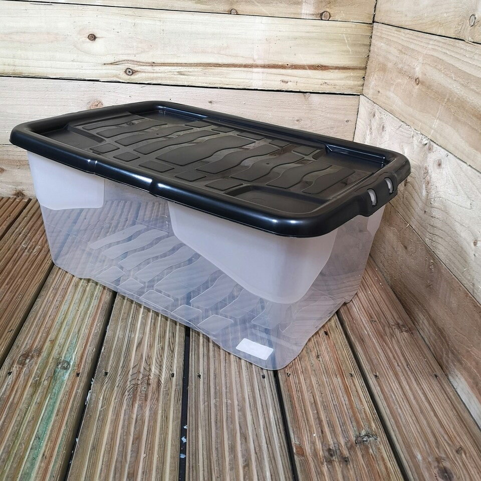 image 1 of 42L Clear Storage Box with Black Lid, Stackable and Nestable Design Storage Solution