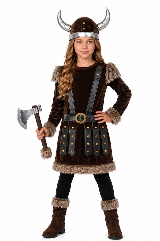 image 1 of Girls Viking Costume Kids Warrior Halloween Fancy Dress Book Day Childs Outfit (Large 10-12 Years)