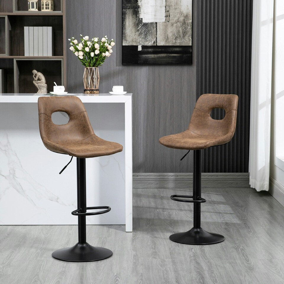image 1 of HOMCOM Retro Bar Stools Set of 2 Adjustable Height Swivel Leather-Like Brown