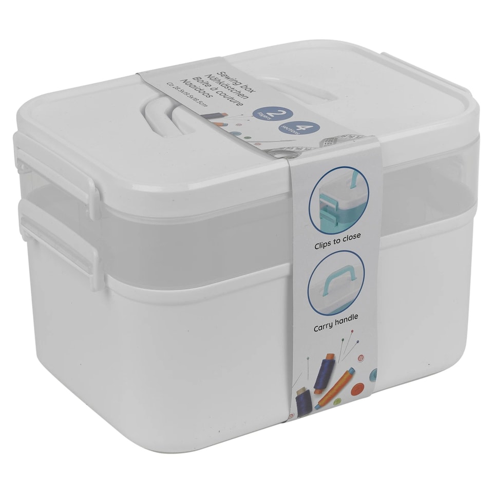image 1 of Portable Sewing Accessories Box Kit 2 Layer Storage Organiser Trays Carry Handle | Multi | White