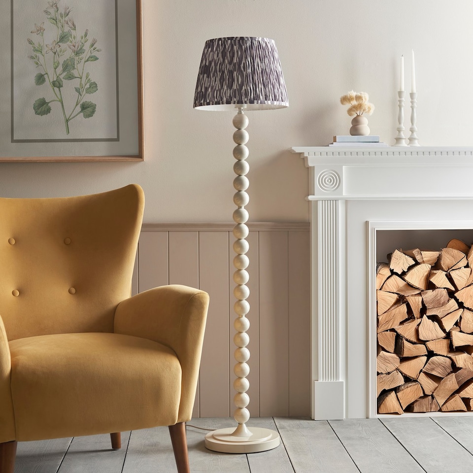 image 1 of Higgledy Gloss Almond White Paint Floor Lamp with Pearl Grey Fabric Ikat Shade 35cm E27