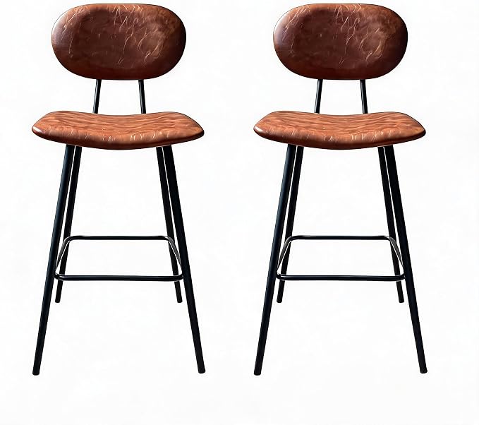 London Boutique Set of 2 Counter Height Swivel Bar Stool with Backrest, Brown PU Leather