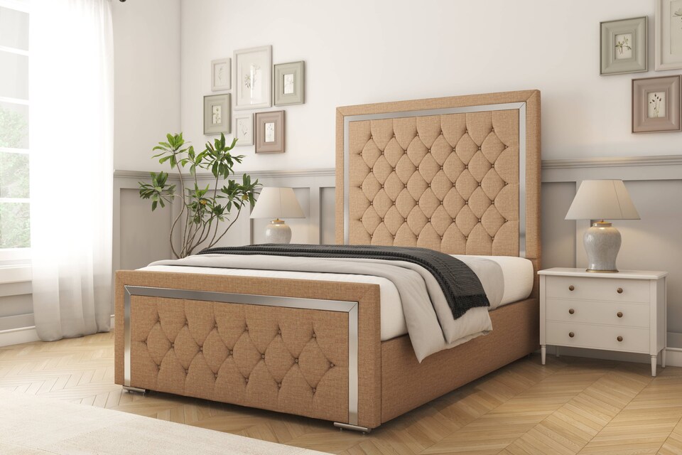 image 1 of Sloomy Sofia Chrome Latte Dumfries Bed Frame With Mattress With 50" Upholstered Headboard 4'6 Double