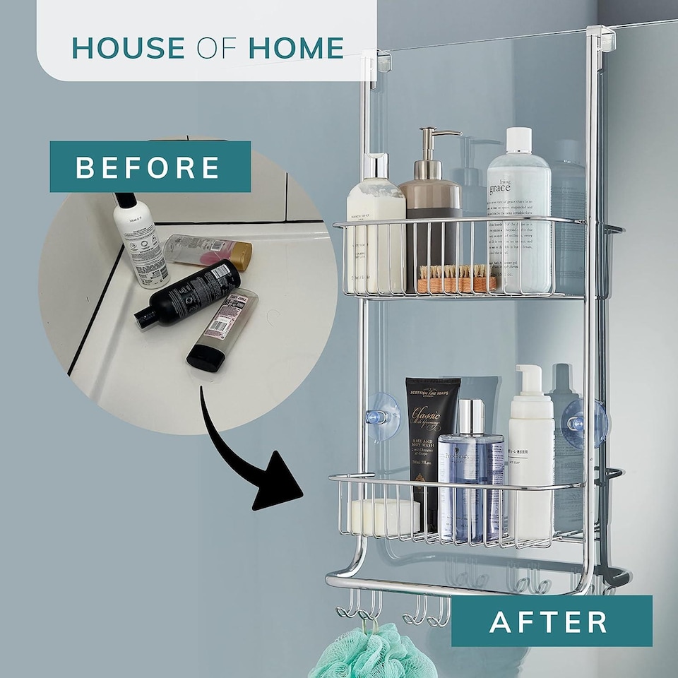 image 1 of House of Home 2 Tier Over Door Shower Caddy Bathroom Storage Rack Shelf Organiser