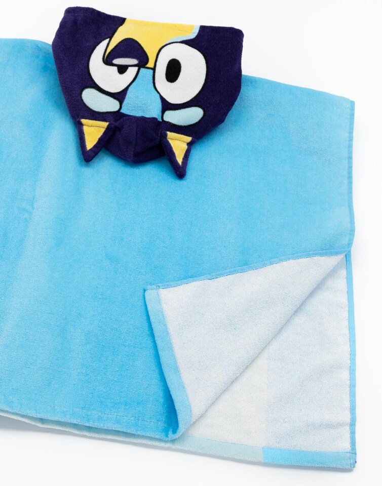 image 1 of Bluey Kids Towel Poncho | Blue Cartoon Bath Towel with 3D Ears For Girls & Boys | TV Show Beach Swimwear Hooded Changing Robe | Cosy Swimwear Merchandise Gift for Children