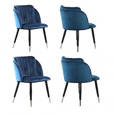 Set of 4 Milano Velvet Dining Chairs with Stylish Ribbed Back Design, Black Metal Legs with Silver Tips | Blue | Silver End Tips