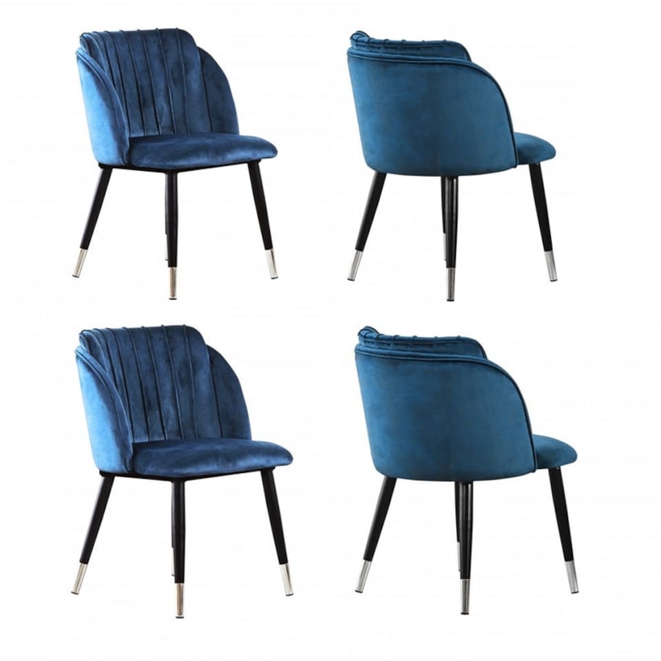 image 1 of Set of 4 Milano Velvet Dining Chairs with Stylish Ribbed Back Design, Black Metal Legs with Silver Tips | Blue | Silver End Tips
