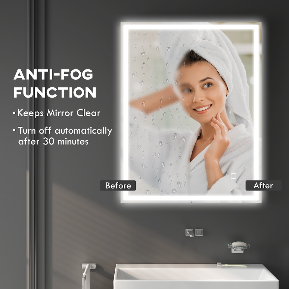 image 1 of HOMCOM Bathroom Mirror with LED Lights, Illuminated Makeup Mirror with 3 Colours, Defogging Film and Memory Function, Hardwired