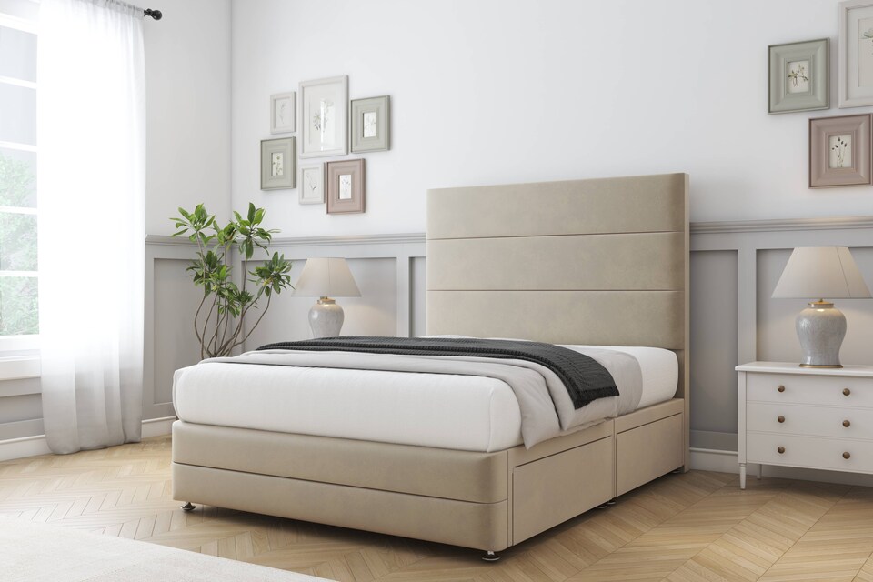 image 1 of Sloomy Monaco Almond Coniston Divan Bed With Mattress 2 Drawers Right Side With 54" Floor Standing Headboard & 12" Matching Footboard 2'6 Small Single | Cream | Almond | Small Single | 1