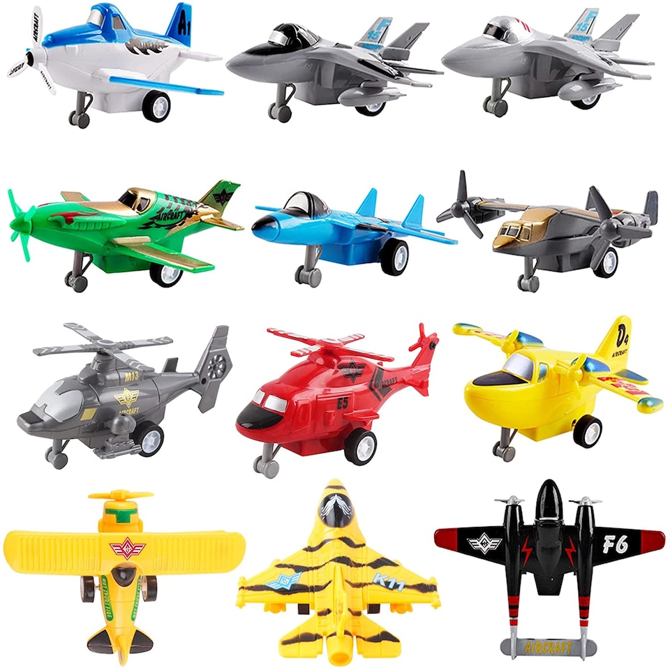 image 1 of 12-Piece Pull-Back Aircraft Toy Set – Jets, Helicopters & Bombers for Kids