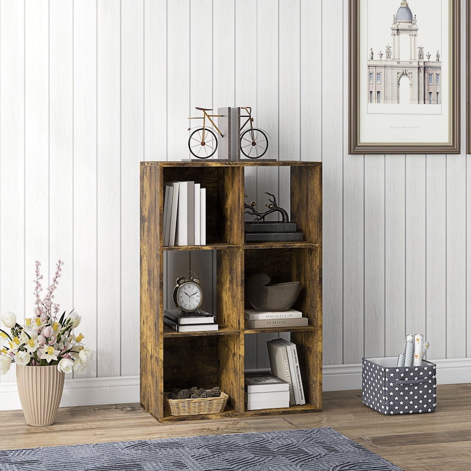 image 1 of HOMCOM 6-Cube Bookshelf, Display Shelving Unit for Home Office, Rustic Brown