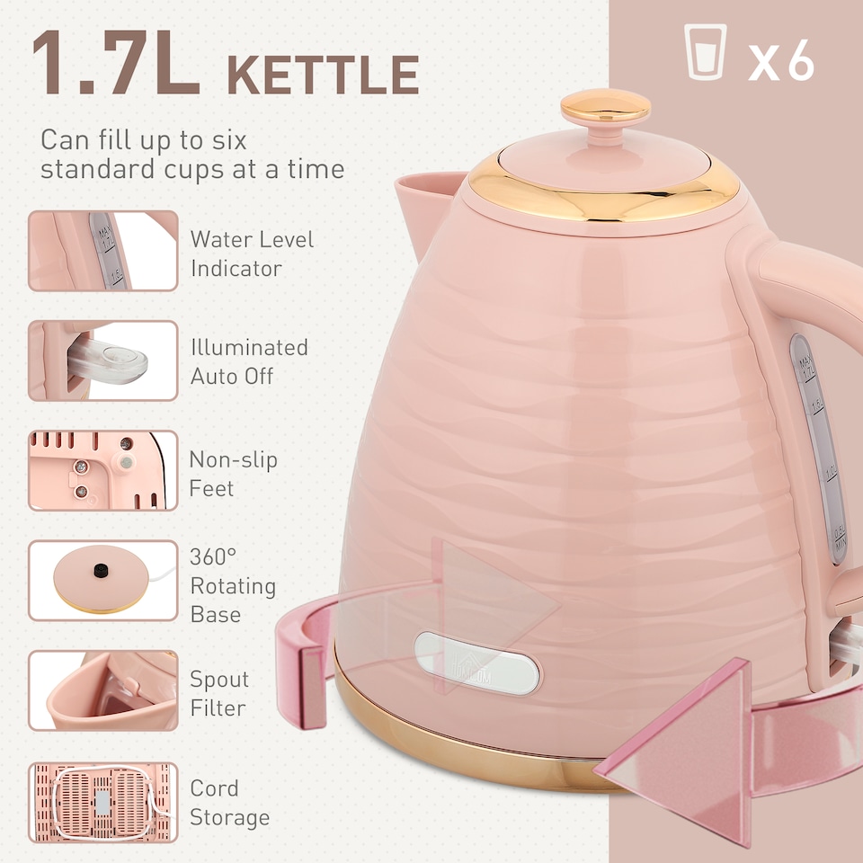 image 1 of HOMCOM Kettle and Toaster Set 1.7L Kettle & 4 Slice Toaster, Light Pink