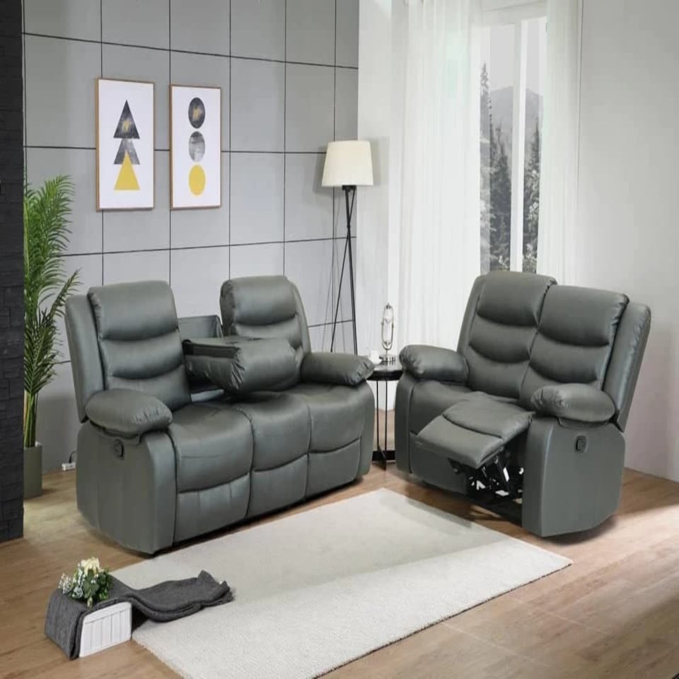 image 1 of Roma Recliner Leather 3 Plus 2 Seater Sofa Set, Armchair Inspired Home Theatre and Living Room Seating  Black Grey