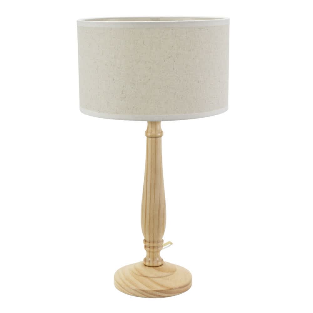 ValueLights Victoria Light Wood Candlestick Table Lamp with Linen White Trim Shade & Bulb in Natural