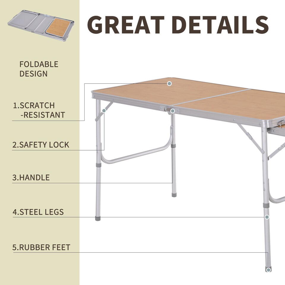 image 1 of Outsunny 4ft Aluminium Picnic Table with Side Desktop Adjustable Outdoor BBQ Party Portable Folding Lightweight