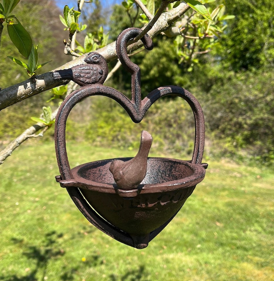 image 1 of Vintage Hanging Bird Seed Feeder Cast Iron Heart Shape (Set of 2)