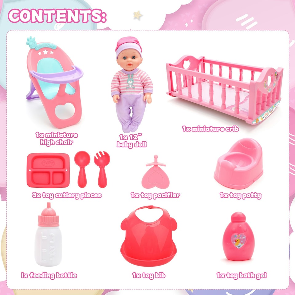 image 1 of 13 Inch Baby Doll Play Set My First Baby Doll with Swinging Crib High Chair and Feeding Accessories Pretend Play Girls Toys