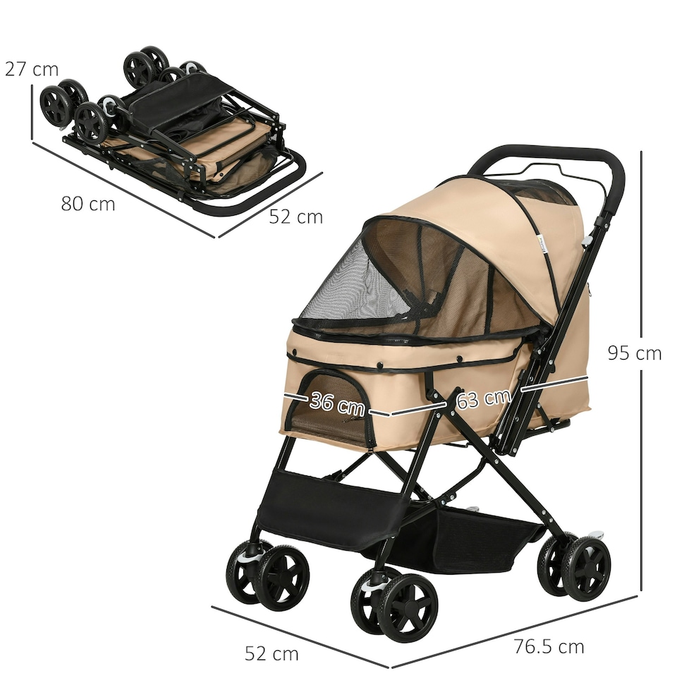 image 1 of PawHut Pet Stroller Dog Foldable Travel Carriage with Reversible Handle, Brown