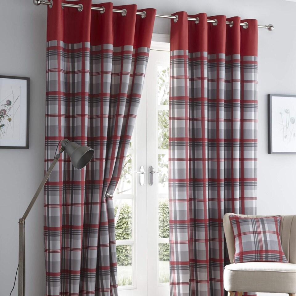 Portfolio Home Orleans Tartan Check Red 66 x 90 Inches Fully Lined Eyelet Curtains | Red