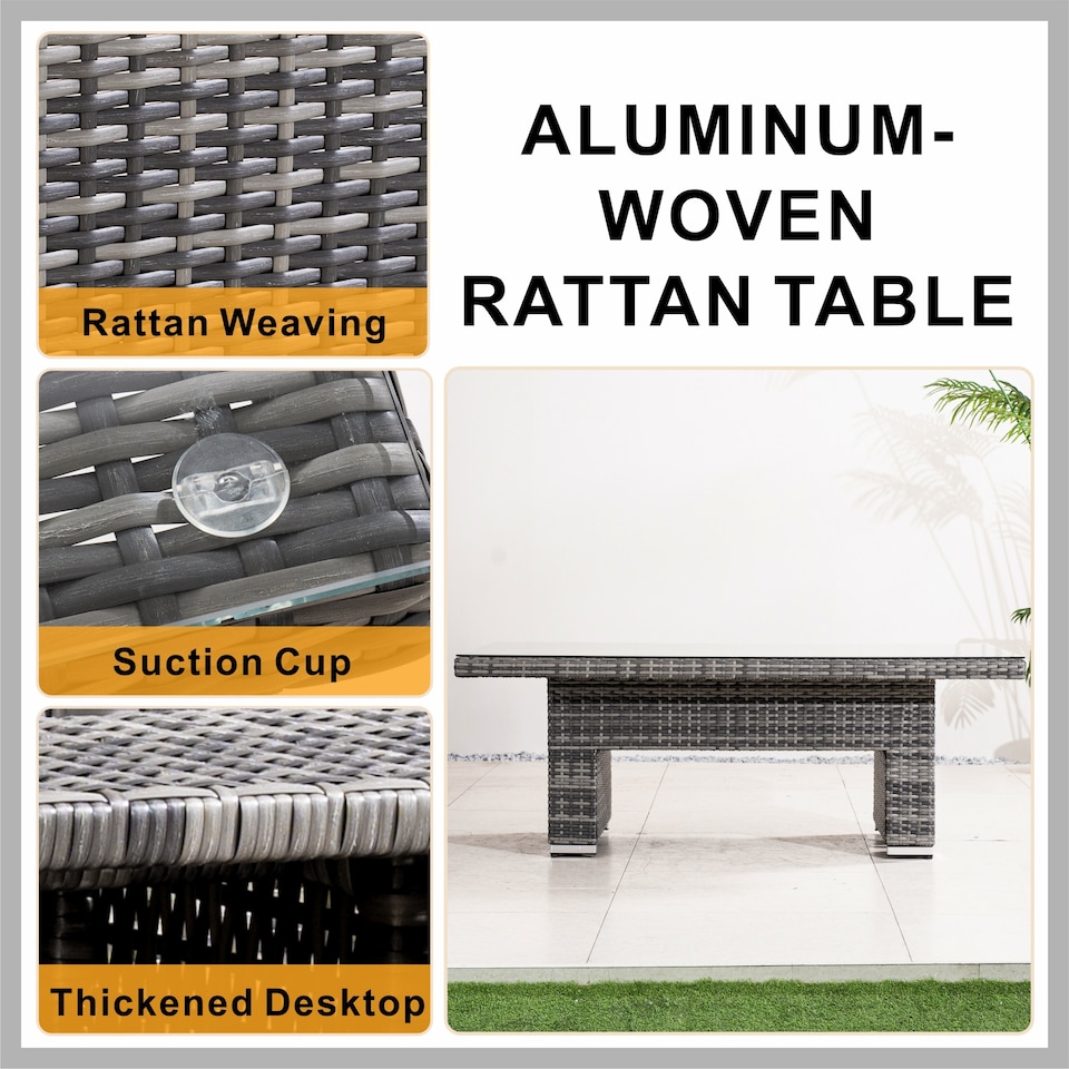 image 1 of Direct Wicker Outdoor Garden Rattan Rising Table with 5mm Clear Tempered Glass Top, Aluminium Frame for Patio, Balcony | Grey