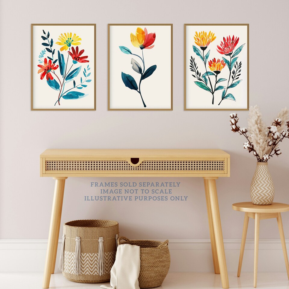image 1 of Set of 3 Prints Wildflowers Floral Watercolour Bright Wall Art