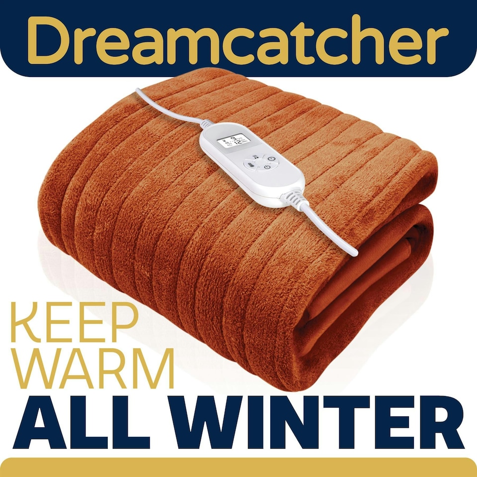 image 1 of Dreamcatcher Deluxe Terracota Electric Throw Heated Double Over Blanket Soft Fleece | Orange | Orange | One Size | 1
