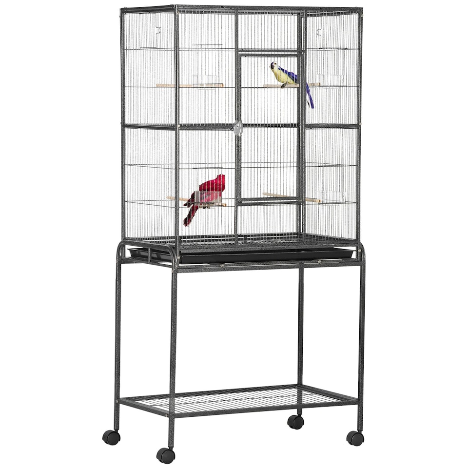 image 1 of PawHut Rolling Bird Cage w/ Detachable stand Storage Shelf  Wood Perch Food Cup