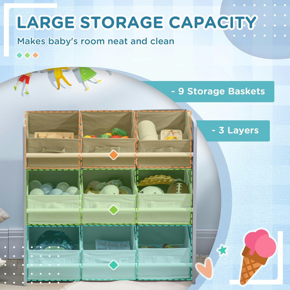 image 1 of ZONEKIZ Storage Unit w/ 9 Removable Storage Baskets for Nursery Playroom - Grey Grey