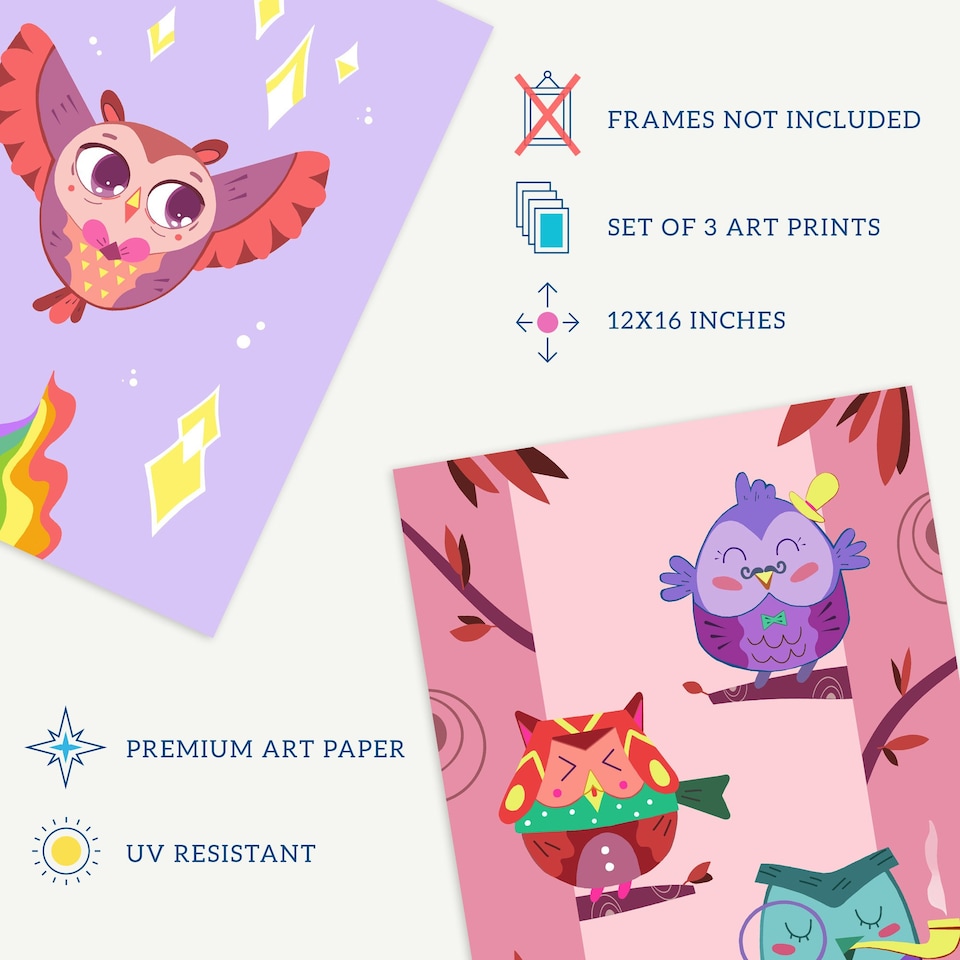 image 1 of Set of 3 Kids Bedroom Nursery Colourful Owl Bird Autumn Moonlight Rainbow Wall Art Prints 12x16 Inch