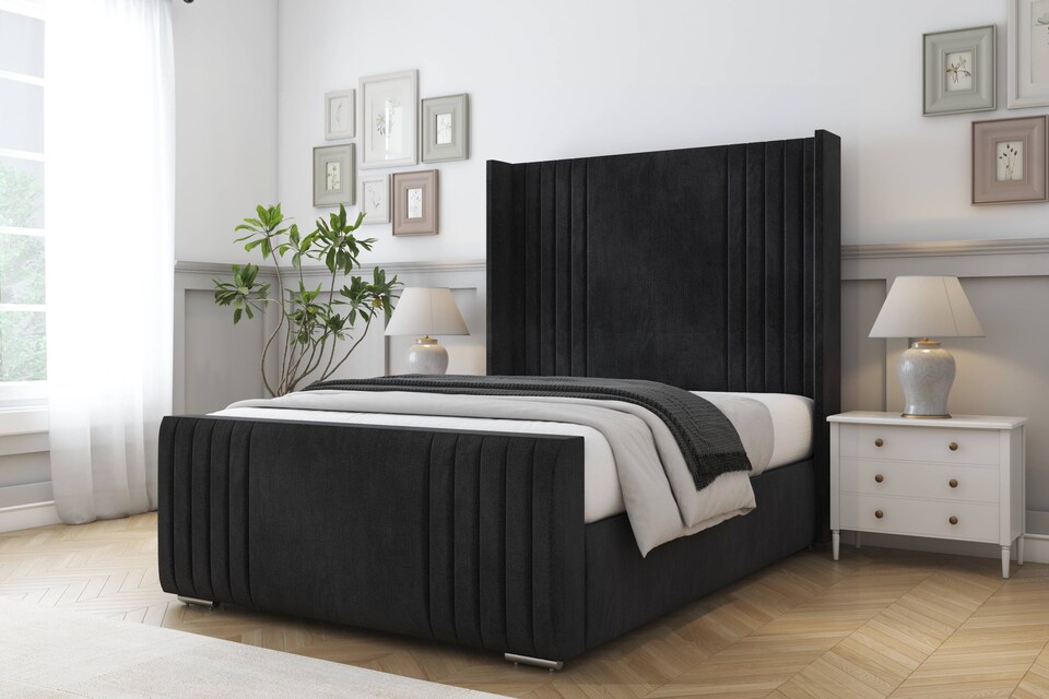image 1 of Sloomy Camden Black Naples Bed Frame With Mattress With 50"  Upholstered Wingback Headboard 4' Small Double