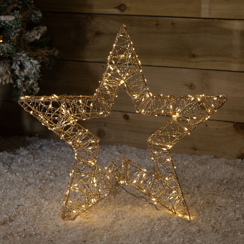 image 1 of 50cm Gold Light Up Christmas Star with 240 Warm White LEDs & Timer