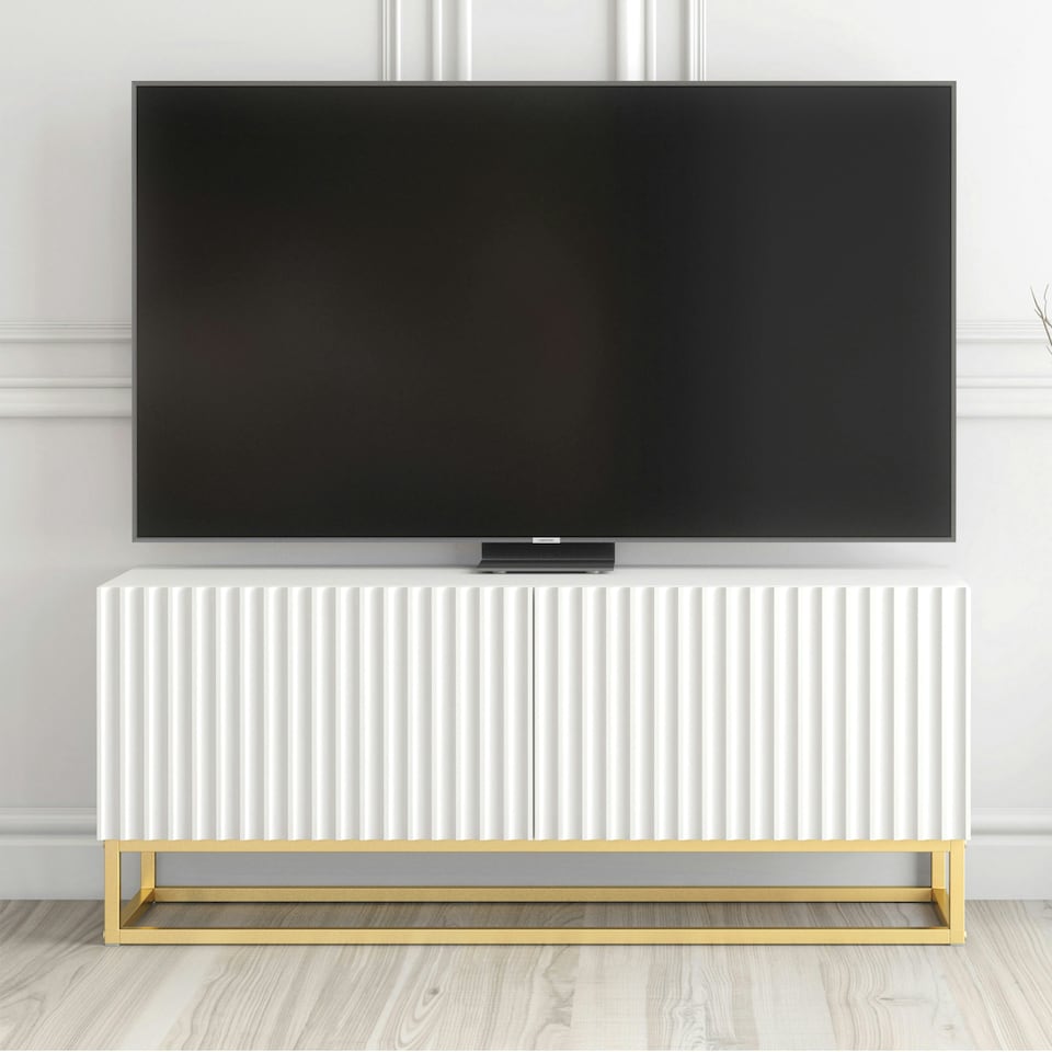 image 1 of TV Unit 100cm White Matt with Fluted Fronts and Gold Legs White