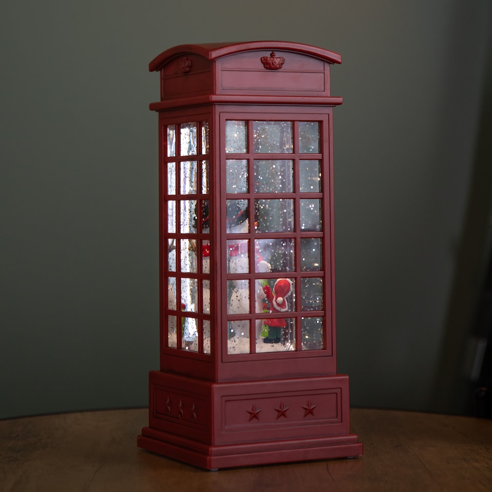 image 1 of 25cm Battery Operated Light up Christmas Phone Box Water Spinner with Snowman Scene & LEDs