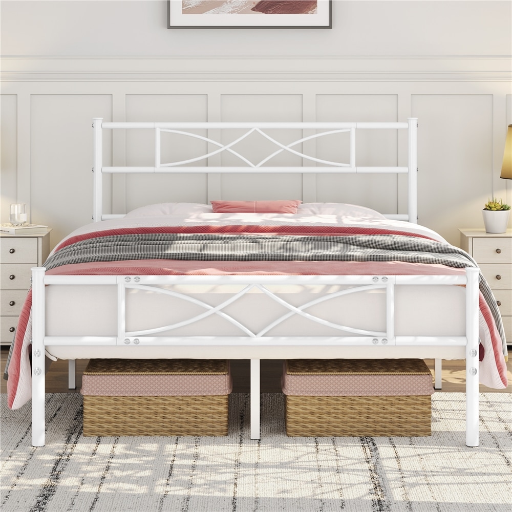 Yaheetech 4ft6 Double Metal Bed Frame with Headboard, Heavy Duty Steel Platform, 32cm Under Bed Storage, Easy Assembly，White