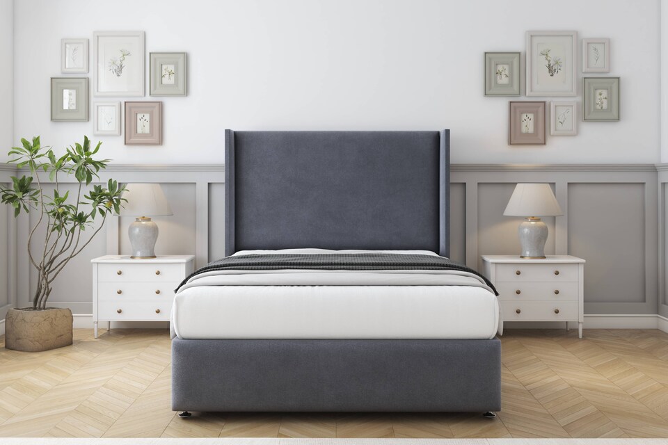 image 1 of Sloomy Stratford Steel Plush Divan Bed Base No Drawers With 54 Inch Wingback Headboard & 12 Inch Matching Footboard | Grey | Steel | Small Double | 1