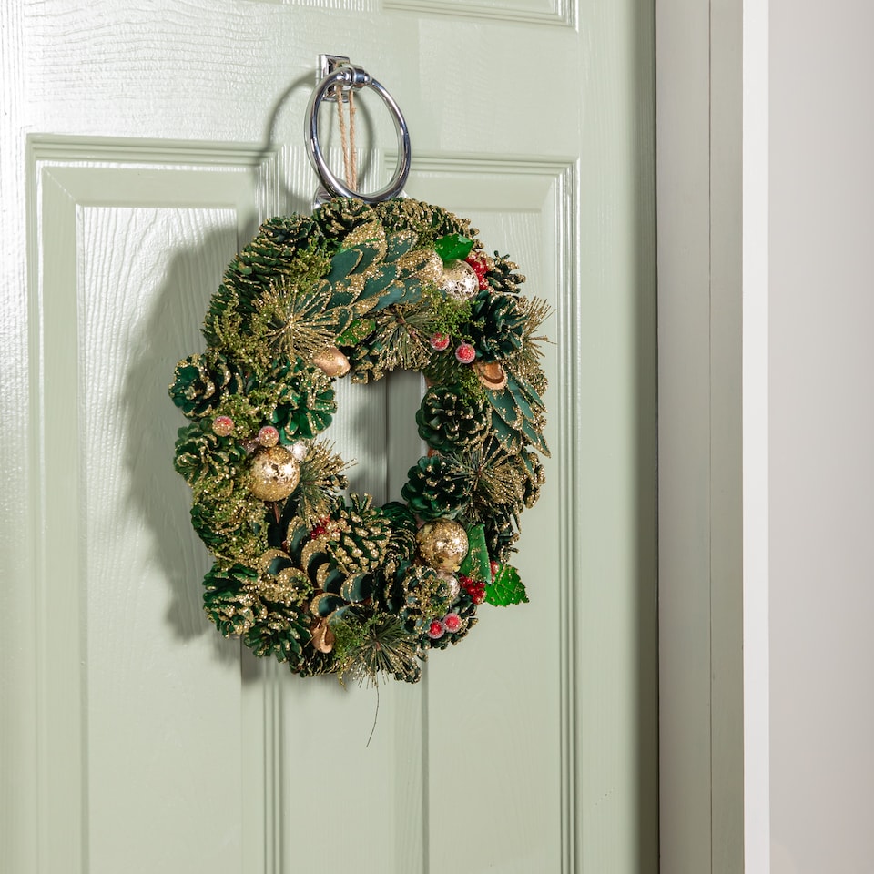 image 1 of 36cm Bauble and Pinecone Hanging Christmas Wreath with Red Berries