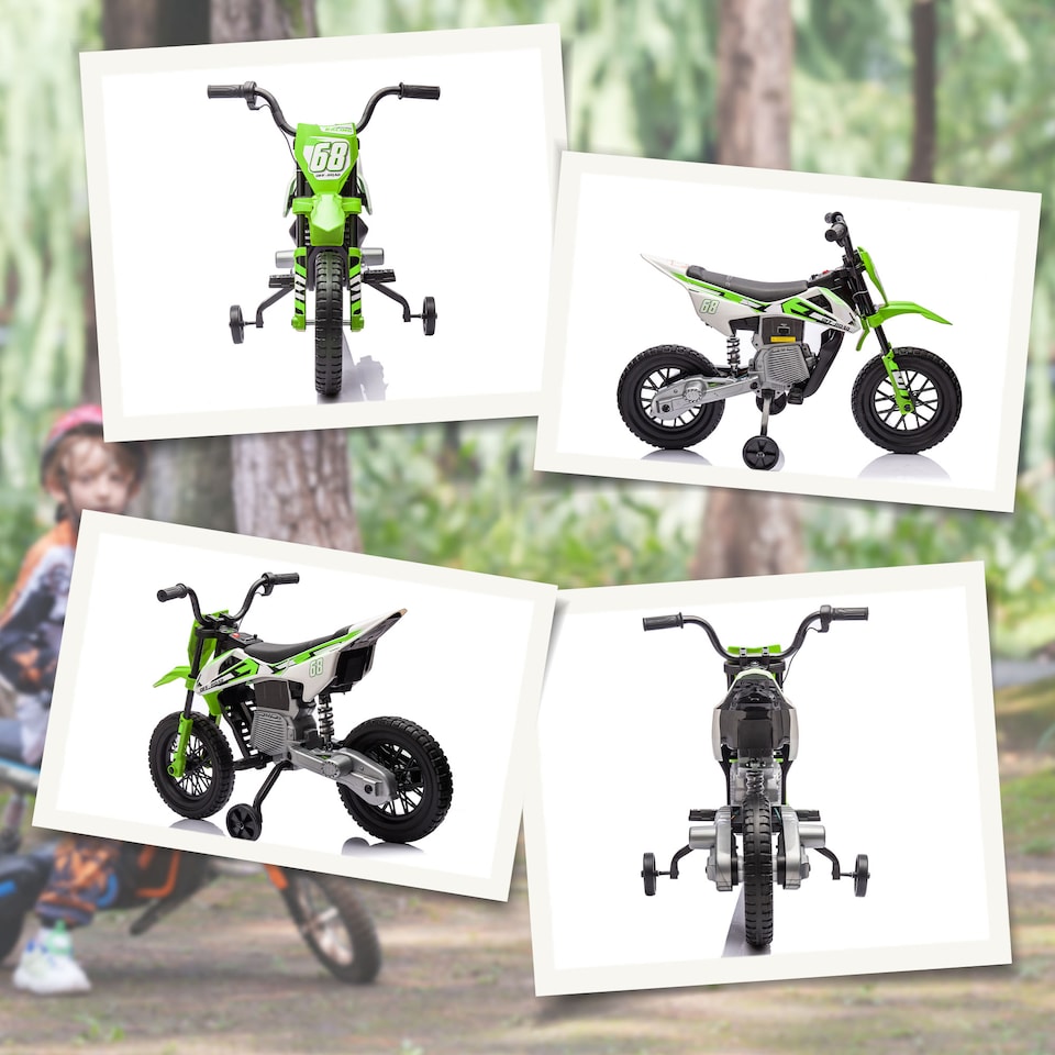 image 1 of AIYAPLAY 12V Kids Electric Motorbike, Kids Electric Ride on Motorcycle, Battery Powered Toy with Twist Grip Throttle, Training Wheels, Suspension System, Music, Green | Green | Green