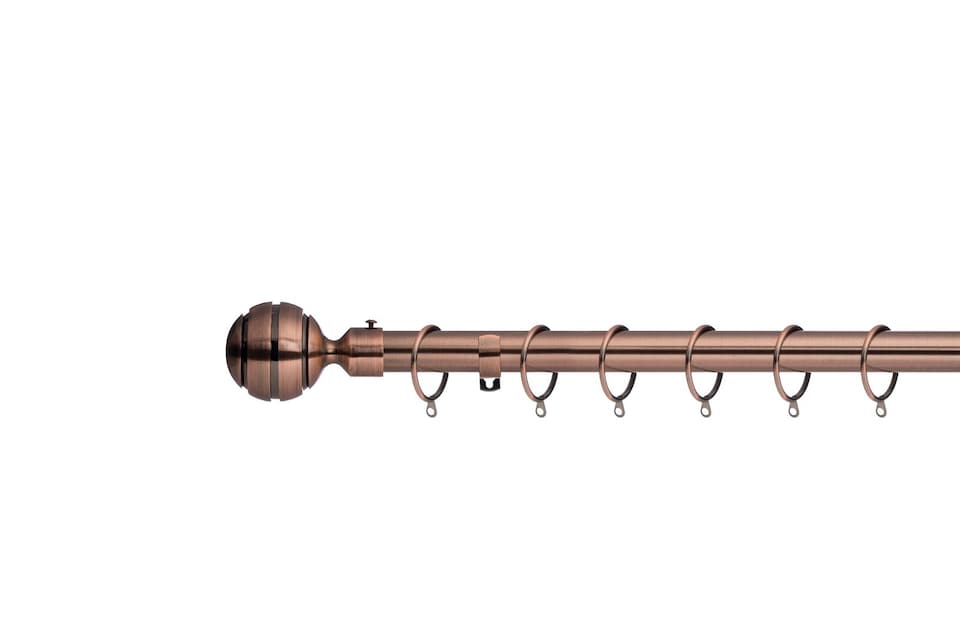 image 1 of Lister Cartwright 28mm Antique Copper Extendable Metal Curtain Pole Set Rings with Ribbed Ball Finial (120 - 210 cm)