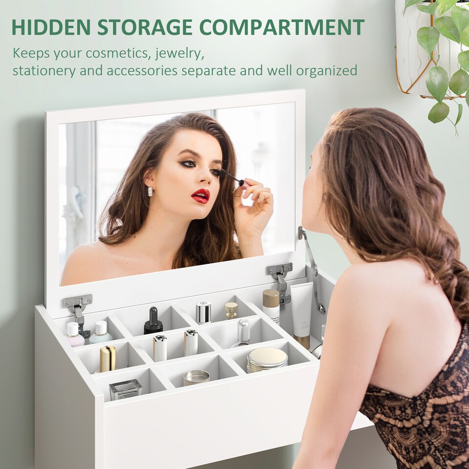 image 1 of HOMCOM Dressing Table with Mirror and Stool, Vanity Makeup Table with Flip Up Mirror, Vanity Desk with Storage Unit and Padded Seat, White