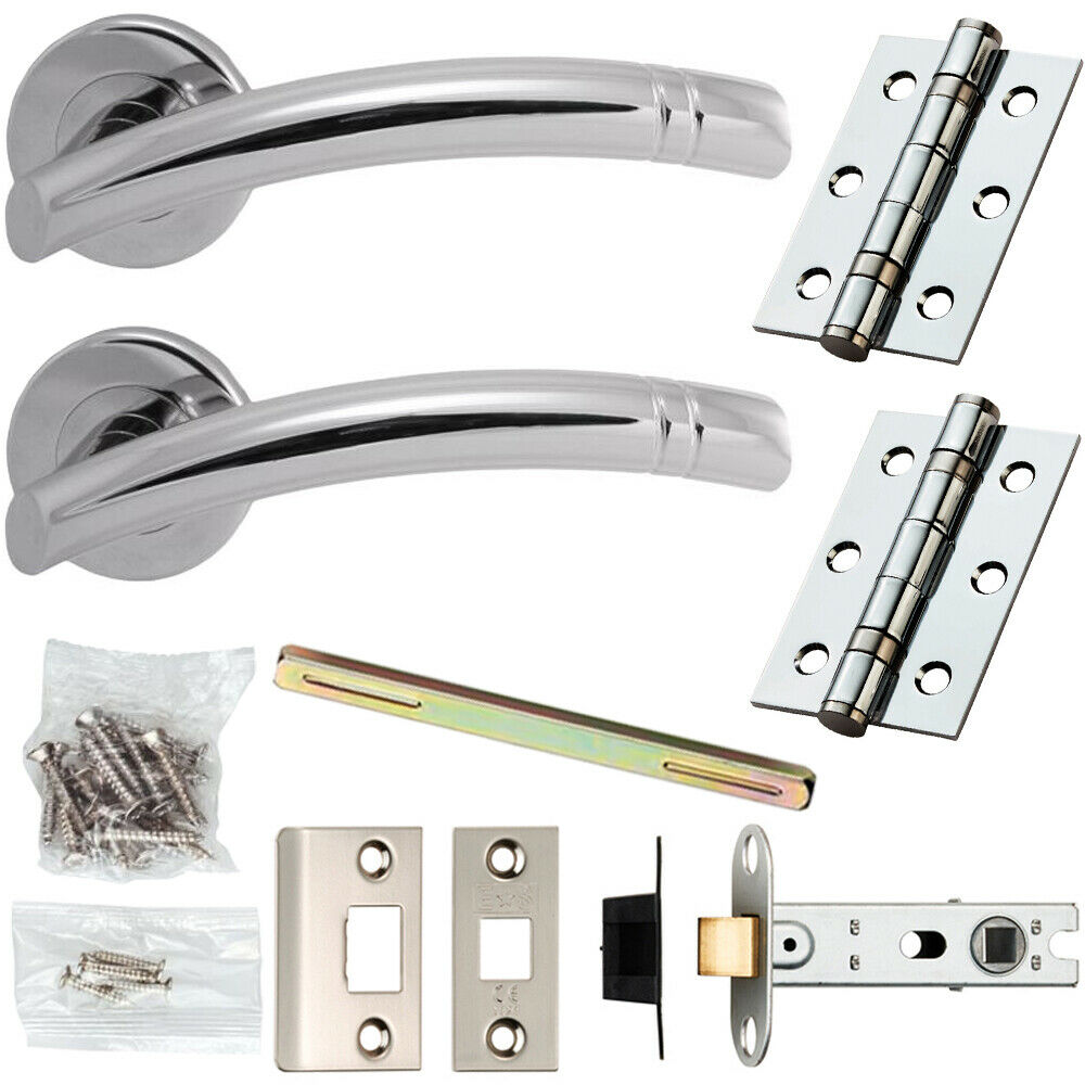 Loops Door Handle & Latch Pack Chrome Modern Curved Ring Bar on Screwless Round Rose