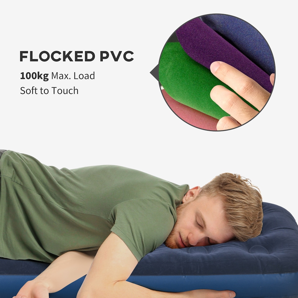 image 1 of Outsunny Single Air Mattress, Portable Air Bed with Flocked Surface, Blue | Blue | Blue