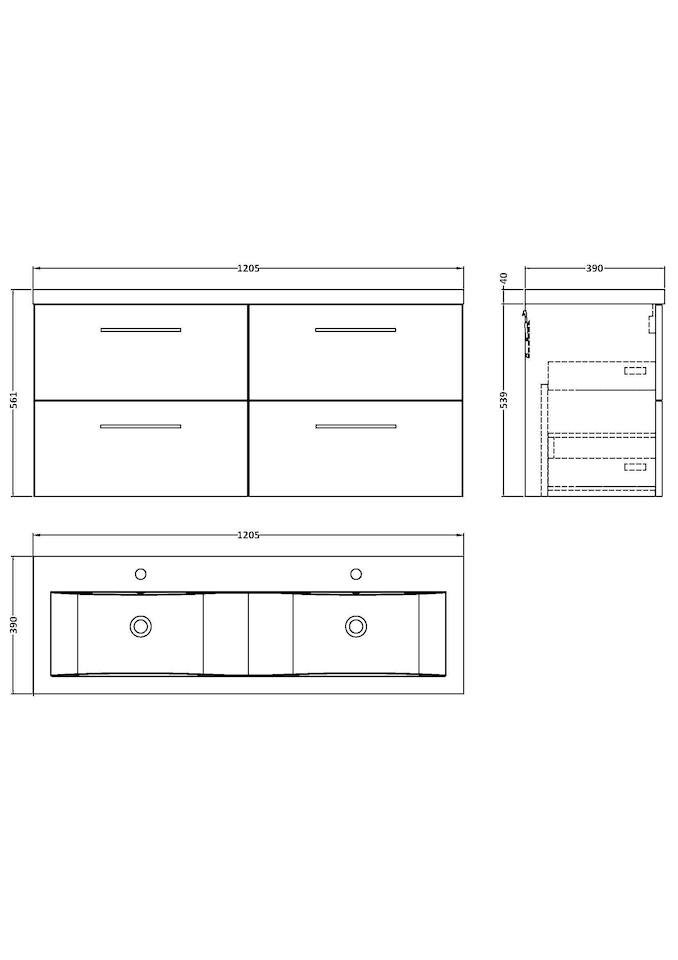 image 1 of Balterley Level Wall Hung 4-Drawer Vanity Unit with Double Basin for Modern Bathroom Storage | Black | Black Woodgrain