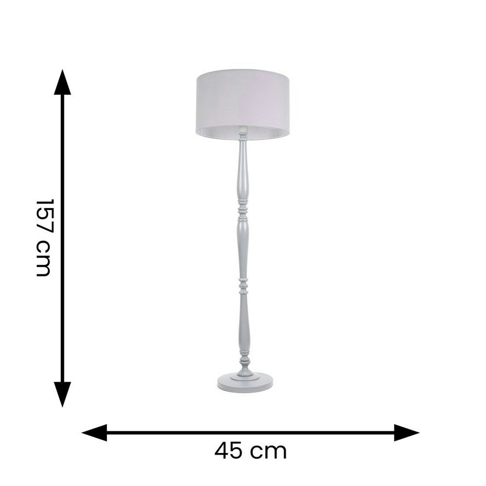 image 1 of ValueLights Victoria Grey Wood Traditional Stem Floor Lamp with Grey Fabric Drum Shade