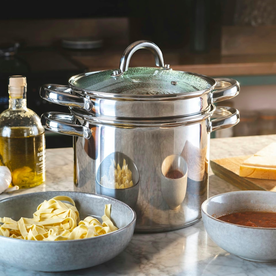 image 1 of Cooks Professional Stainless Steel Pasta Pot | Removable Strainer | Glass Lid