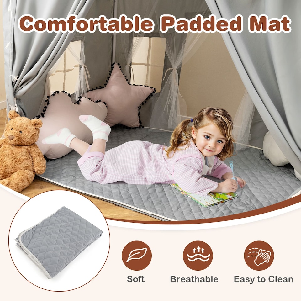 image 1 of COSTWAY Kids Play Tent 3-4 Kids Large Play Tent House w/2 Opening Doors-Grey