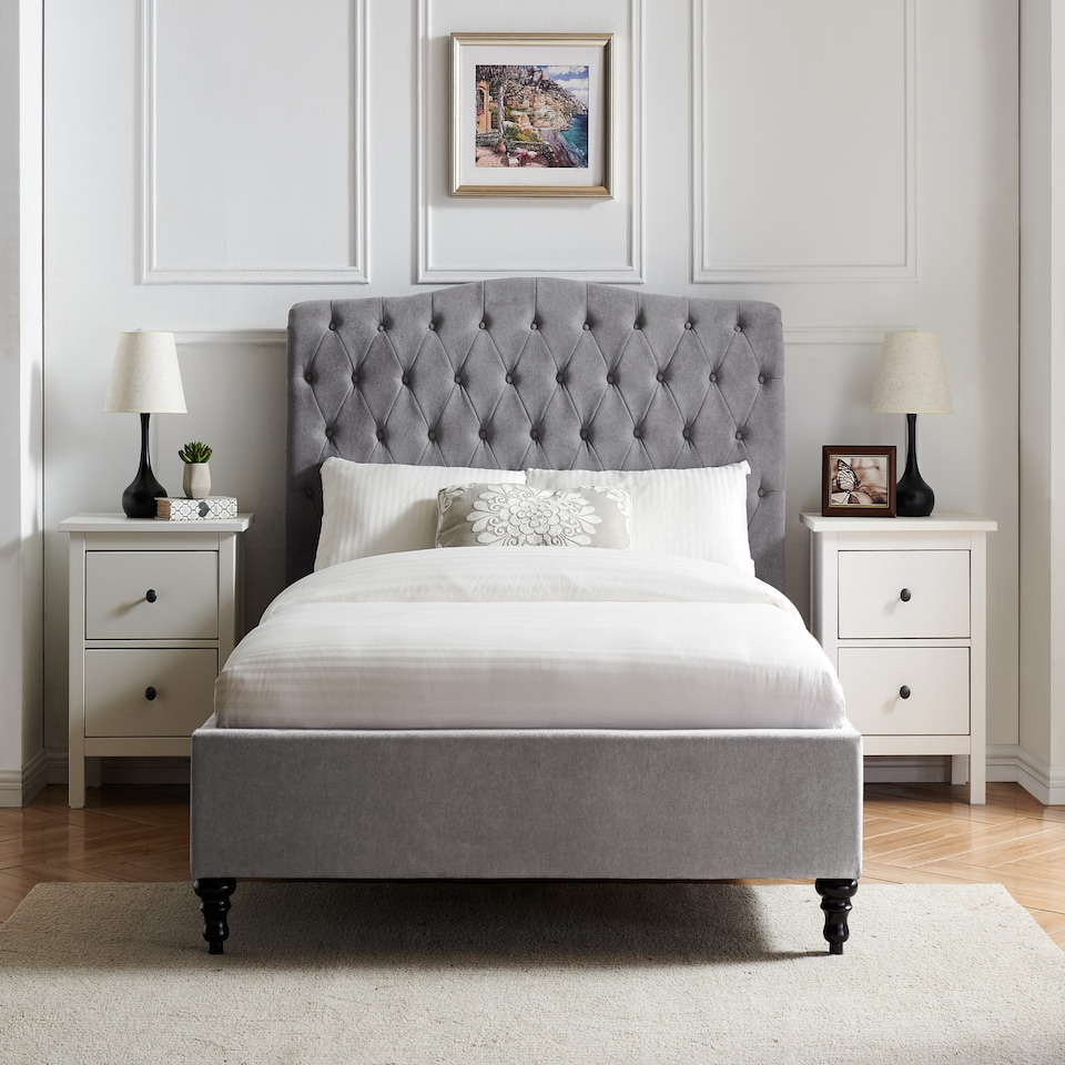 image 1 of 6ft Super King fabric upholstered,light grey,buttoned back,curved bed frame,bedstead