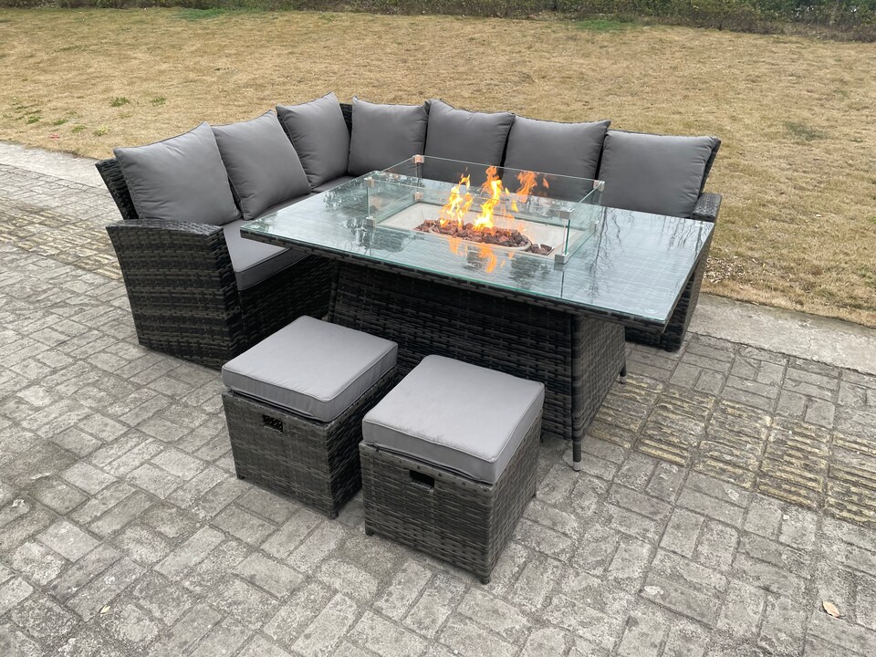 image 1 of Fimous High Back Rattan Garden Furniture Sets Gas Fire Pit Dining Table Set Gas Heater Left Corner Sofa Small Footstools 8 Seater